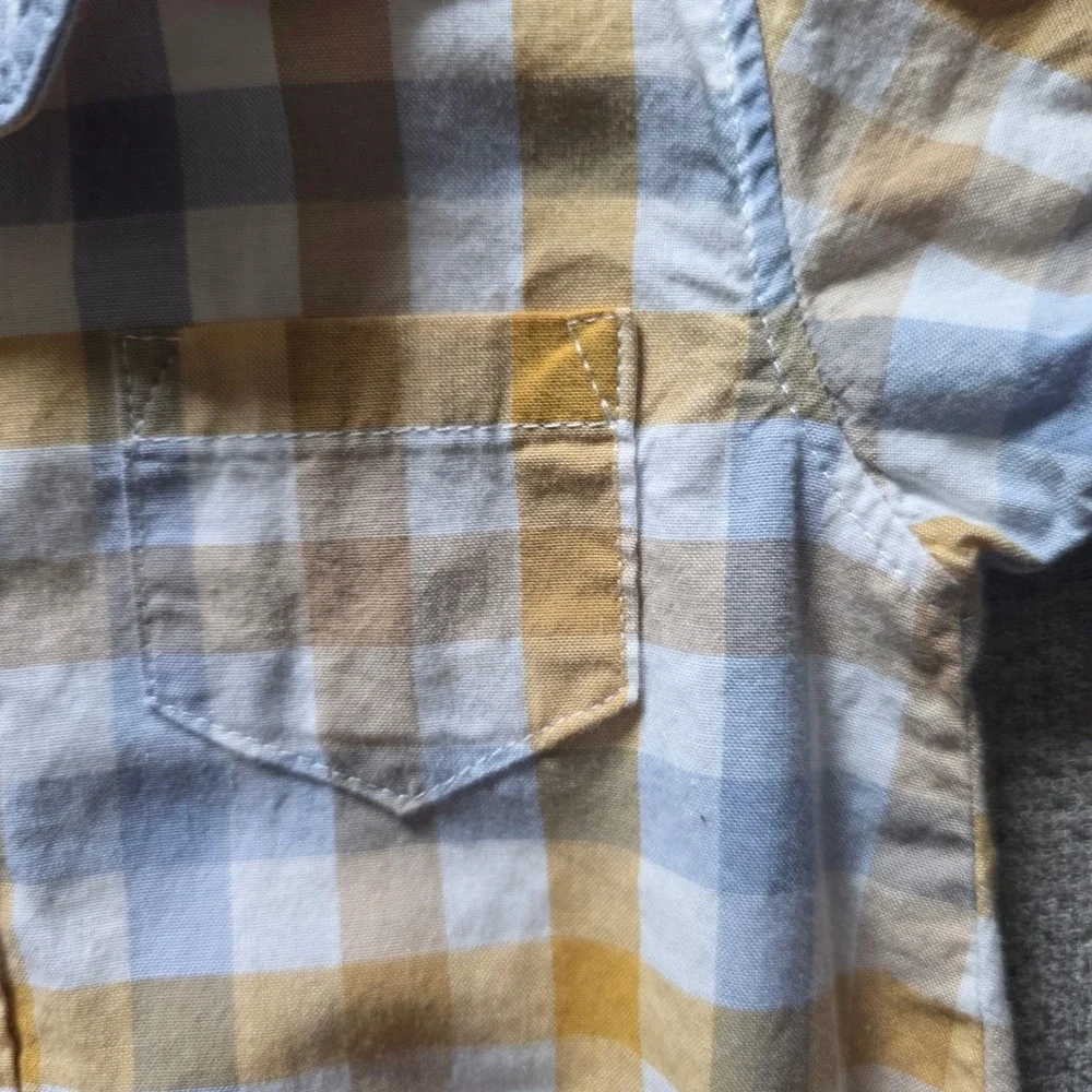 Carters Baby Boy 6M Yellow Blue Gingham‎ Plaid Button Down Bodysuit Romper Shirt